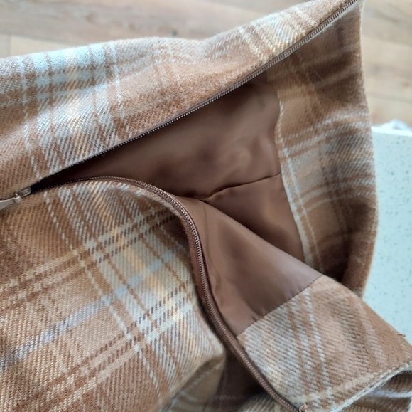 VTG Village Maxi Skirt Plaid Wool Blend Faux Wrap Fringe Lined Size 14 Tan Blue - Picture 12 of 14